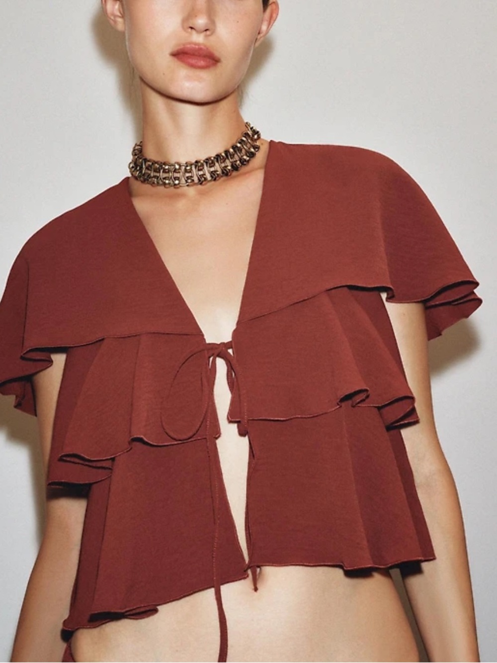 Zara Rust Tie-Front Ruffle Cape Crop Top